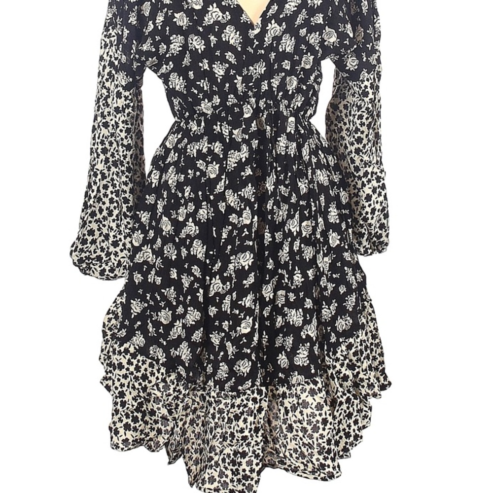Blue Pepper Bishop Sleeve Floral Black & White Mini Flowy Dress